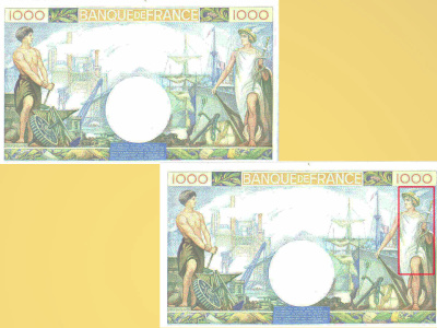 Verso du billet de 1 000 F « type 1940 – Commerce et Industrie ». Peint par Cheffer, gravé par Deloche.