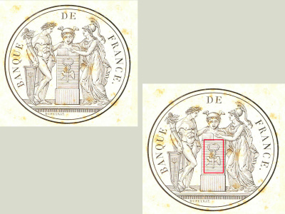 Essai original de Dupeyrat. Repris pour  le timbre sec et le timbre humide de différents billets de la Banque de France.