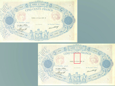 Recto du billet de 500 F « type 1888 – bleu et rose ». Œuvre de Barre modifiée, fond de sécurité rose dessiné par Dupuis et Duval et gravé par Robert Dujardin.