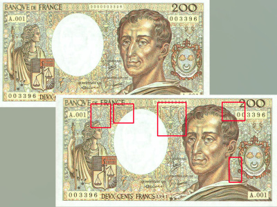 Recto du billet de 200 F « type 1981 – Montesquieu ». Peint par Mlle Lambert, gravé par Jubert et Durrens.