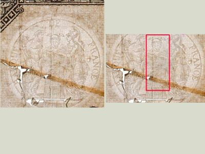 Timbre sec apposé sur le billet de 500 F « Germinal », œuvre de Dupeyrat.