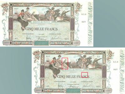 Billet de 5 000 F « type 1918 Flameng », recto. Peint par Flameng et gravé par Robert.