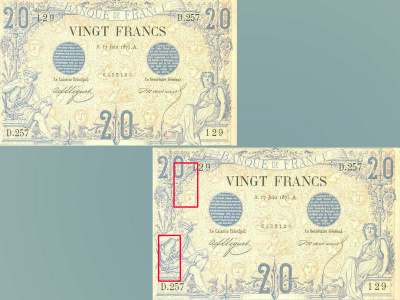 Billet de 20 F « type 1873 » , recto. 1ère coupure bicolore  émise par la Banque.