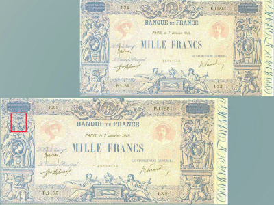 Billet de 1 000 F « type 1889 – bleu et rose », recto. Reprise de la vignette de Barre à laquelle un fond rose dessiné par Duval a été ajouté. Graveur : Robert.