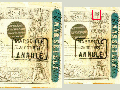 Talon du billet de 1 000 F « type 1848 », succursale de Marseille.