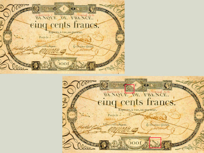 Billet de 500 F « type ancien » portant la signature de Guillaume Mallet. Billet barré car annulation.