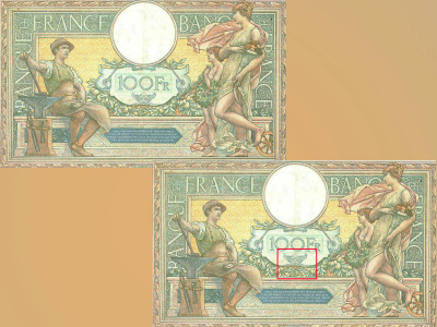 Verso du billet de 100 F « type 1906 Luc-Olivier Merson », gravé par Florian et Romagnol.